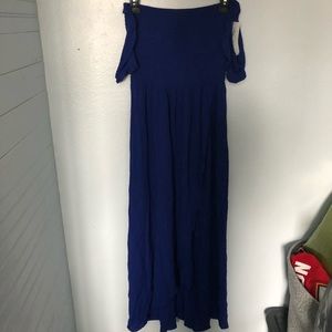 Lillie Avenue blue dress high low off the shoulder